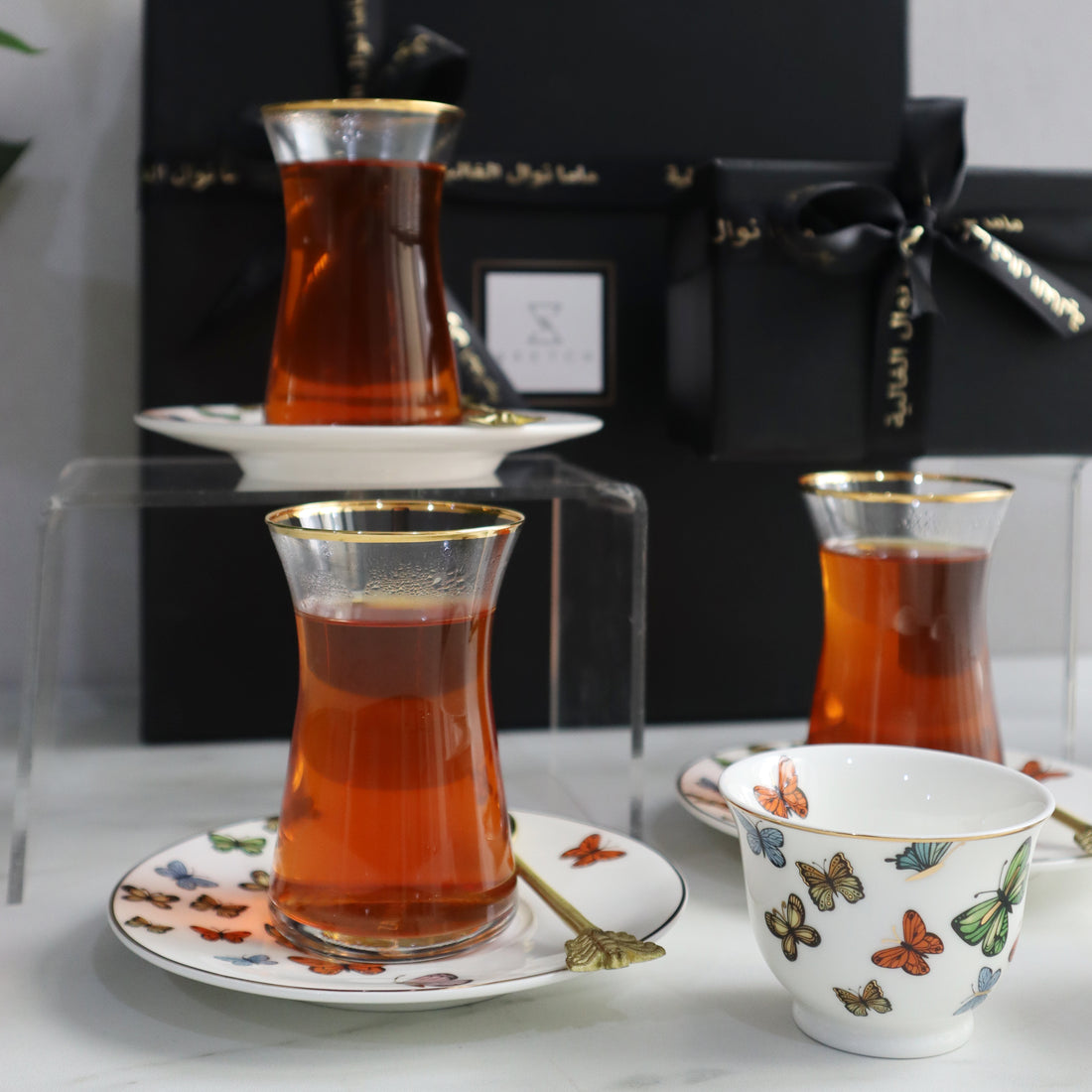 Papillon Tea & Coffee & spoons set 6pc with customized ribbon