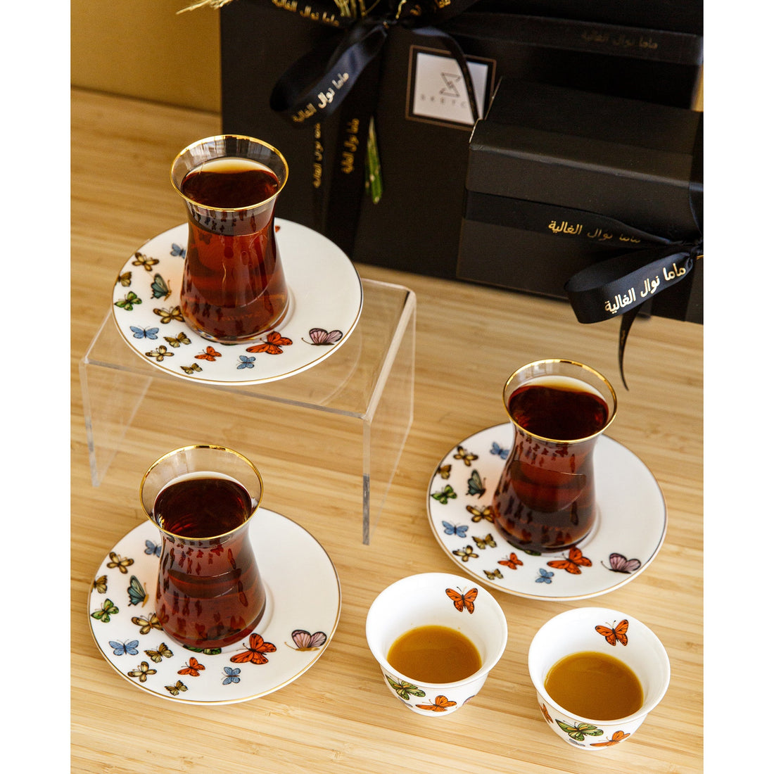 Papillon Tea & Coffee & spoons set 6pc with customized ribbon